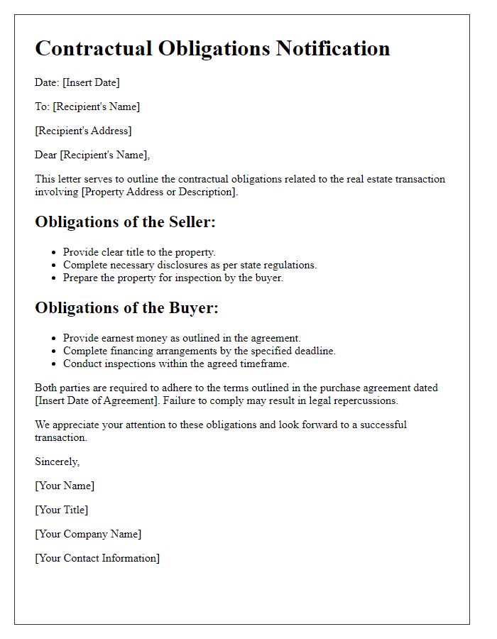 Letter template of contractual obligations in real estate