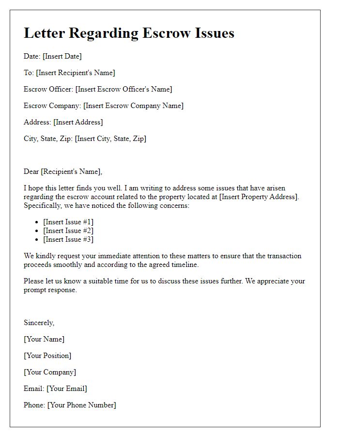 Letter template of escrow issues in real estate transactions