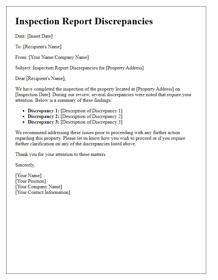 Letter template of inspection report discrepancies in real estate