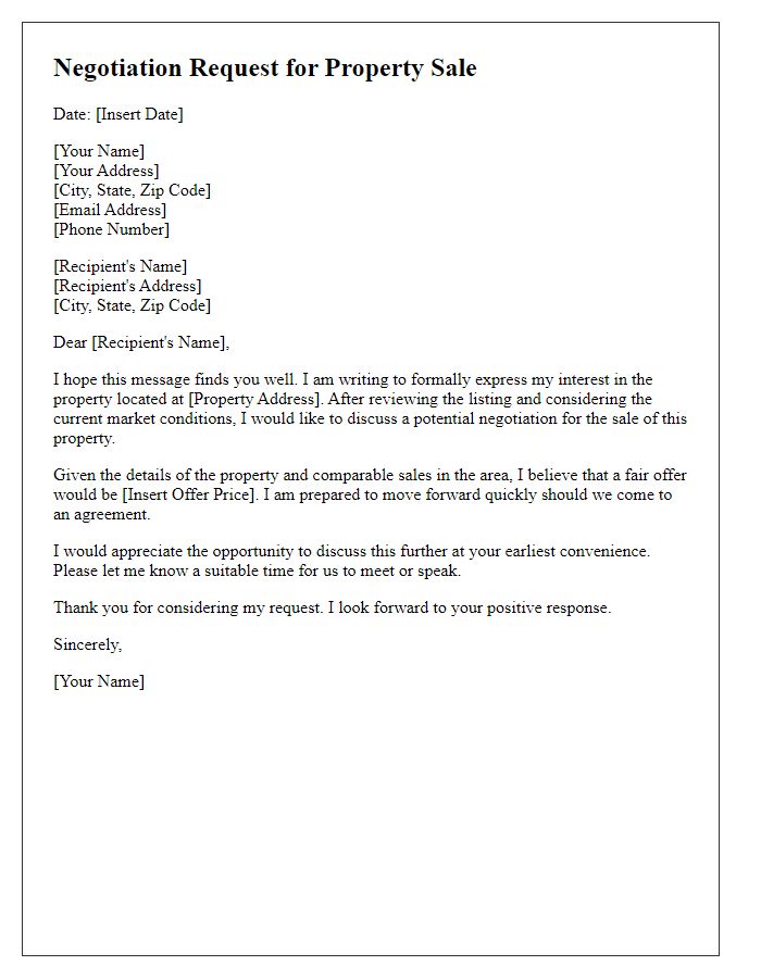 Letter template of negotiation requests for property sales