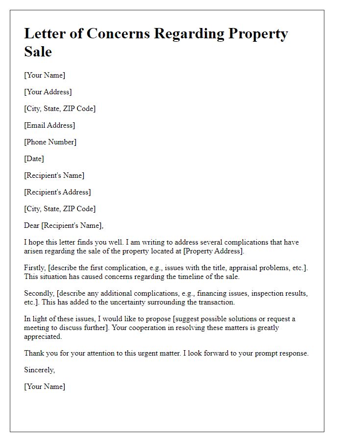 Letter template of property sale complications