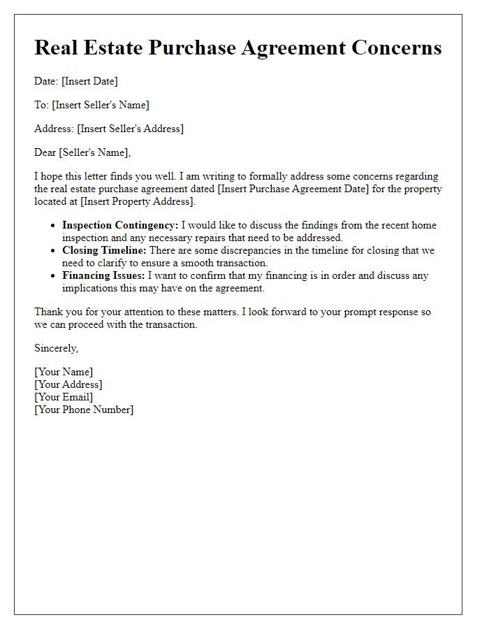 Letter template of real estate purchase agreement concerns