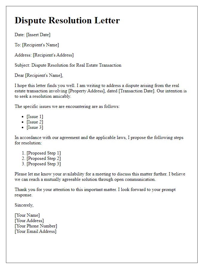 Letter template of real estate transaction dispute resolution