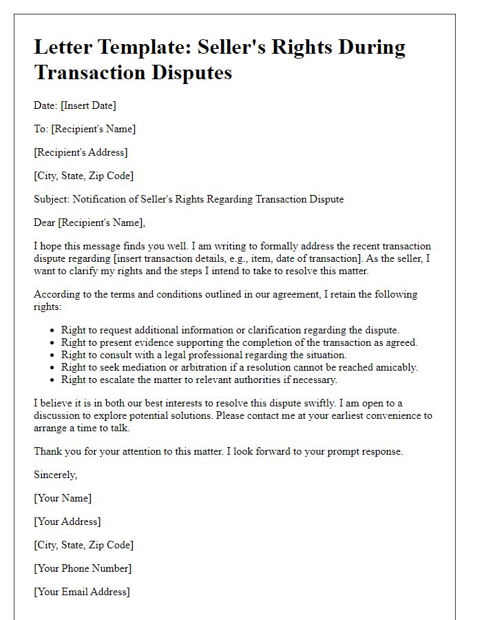 Letter template of seller's rights during transaction disputes