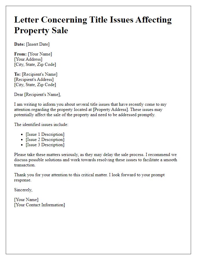 Letter template of title issues affecting property sale