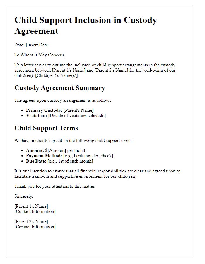 Letter template of child support inclusion in custody agreements