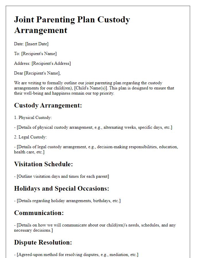 Letter template of custody arrangements for joint parenting plans