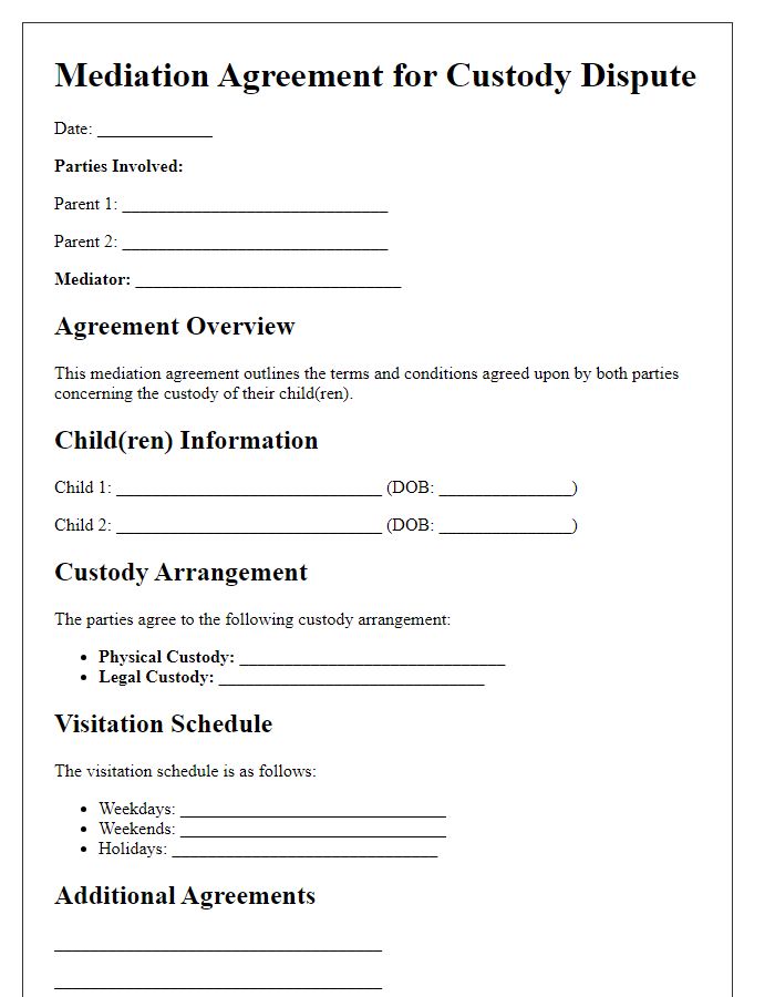 Letter template of mediation agreements for custody disputes