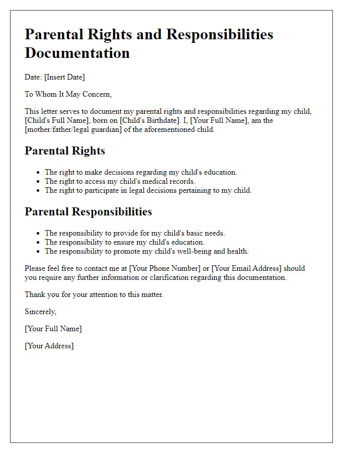 Letter template of parental rights and responsibilities documentation