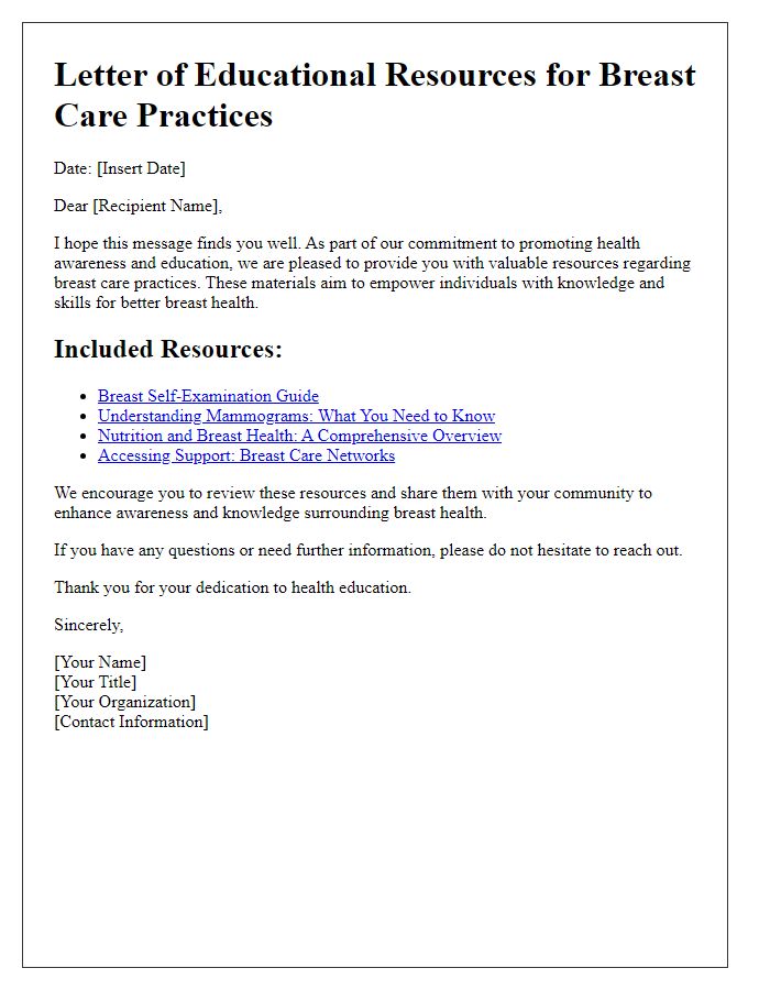 Letter template of educational resources for breast care practices