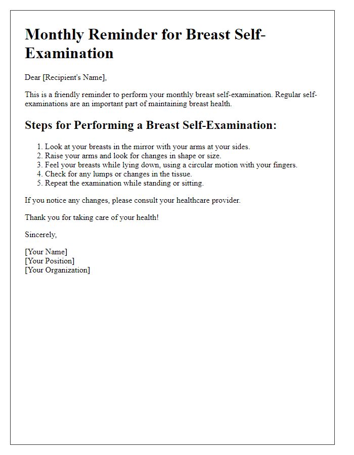 Letter template of notification for monthly breast self-examinations