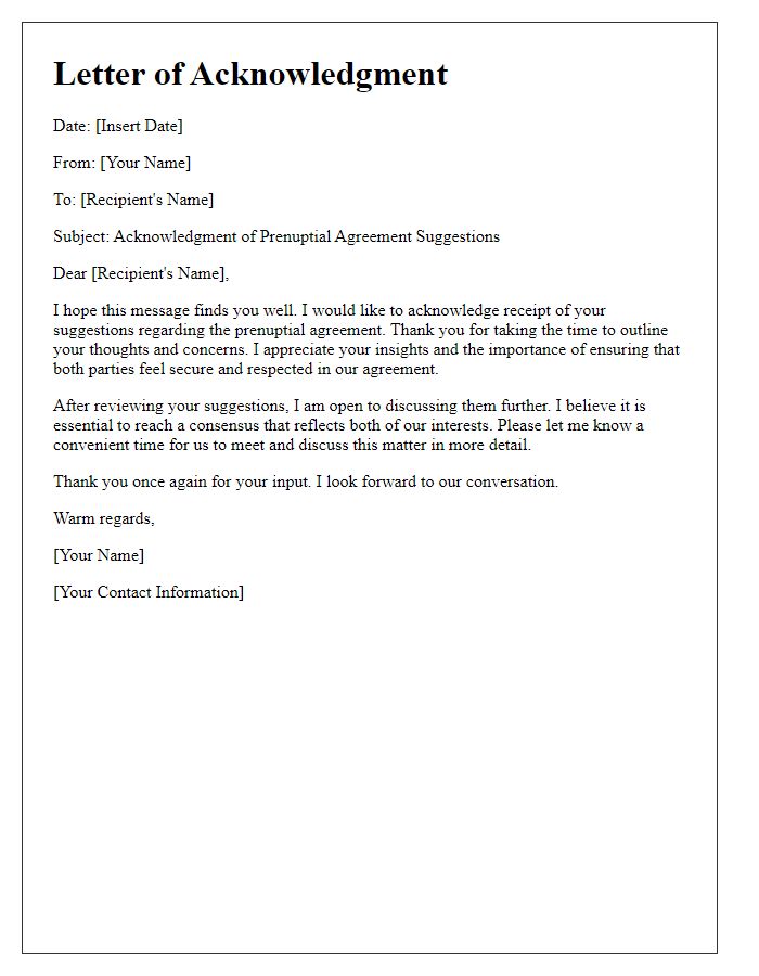 Letter template of acknowledgment for prenuptial agreement suggestions