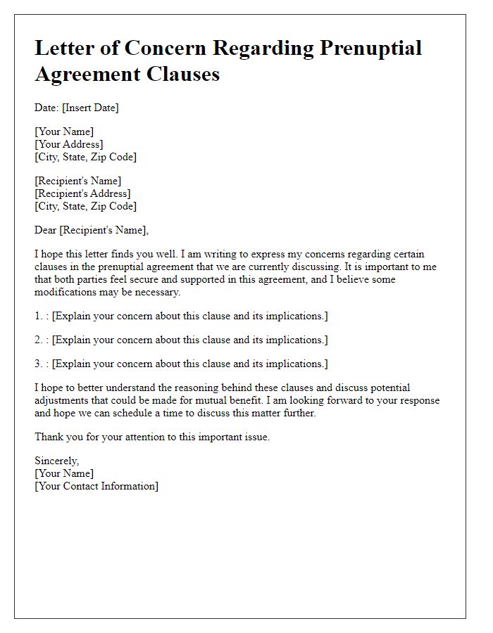 Letter template of concerns regarding prenuptial agreement clauses