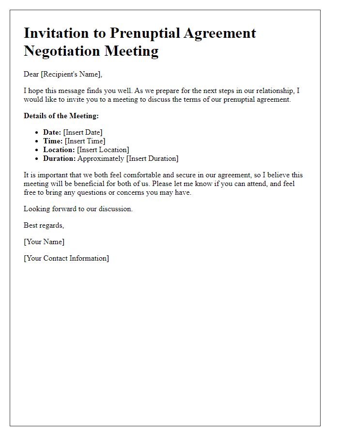 Letter template of prenuptial agreement negotiation meeting invitation