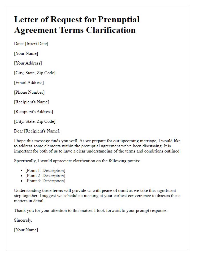 Letter template of request for prenuptial agreement terms clarification