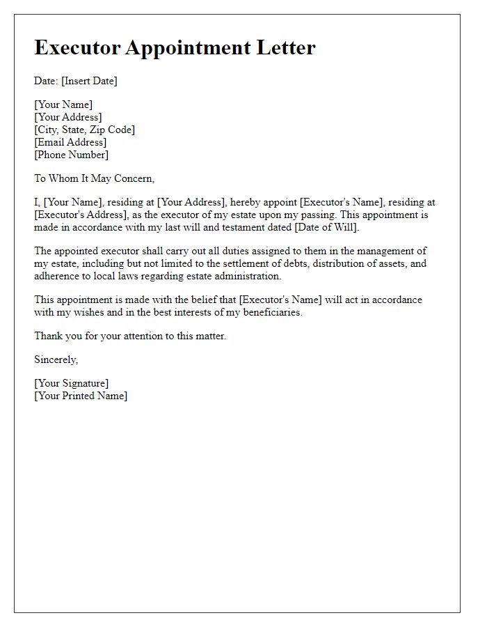 Letter template of executor appointment