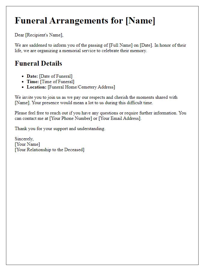 Letter template of funeral arrangements