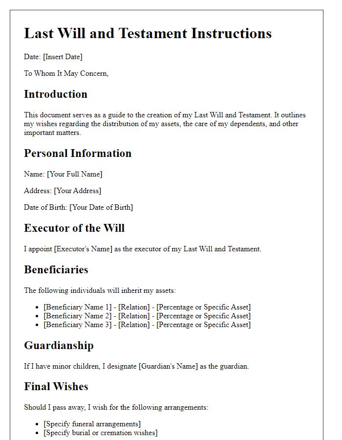 Letter template of last will and testament instructions