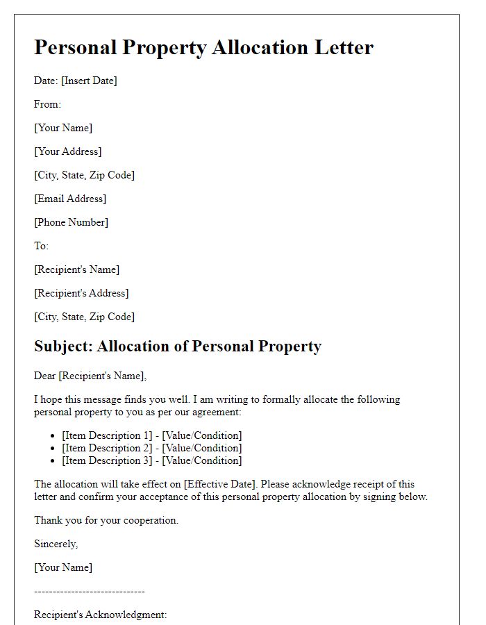 Letter template of personal property allocation