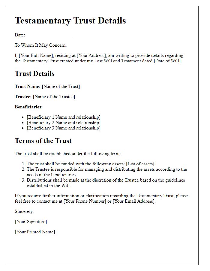 Letter template of testamentary trust details