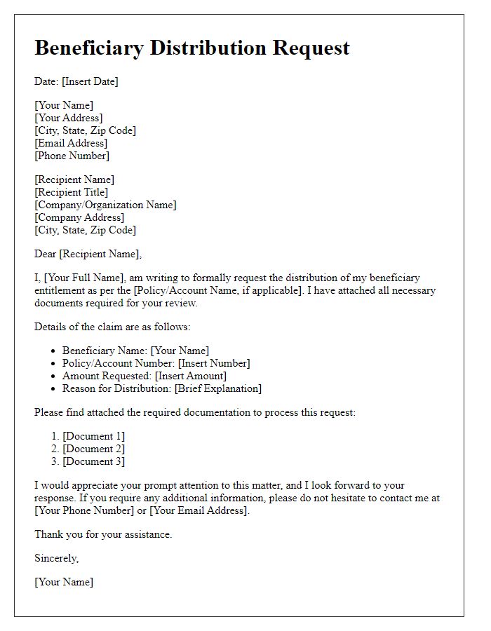 Letter template of beneficiary distribution request