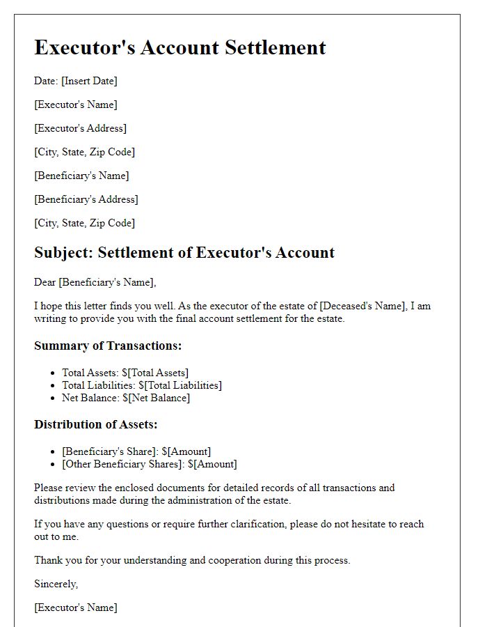 Letter template of executor's account settlement