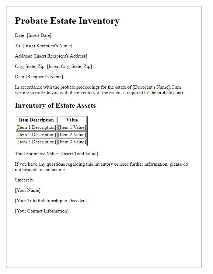 Letter template of probate estate inventory