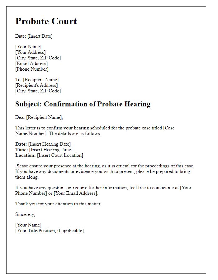 Letter template of probate hearing confirmation