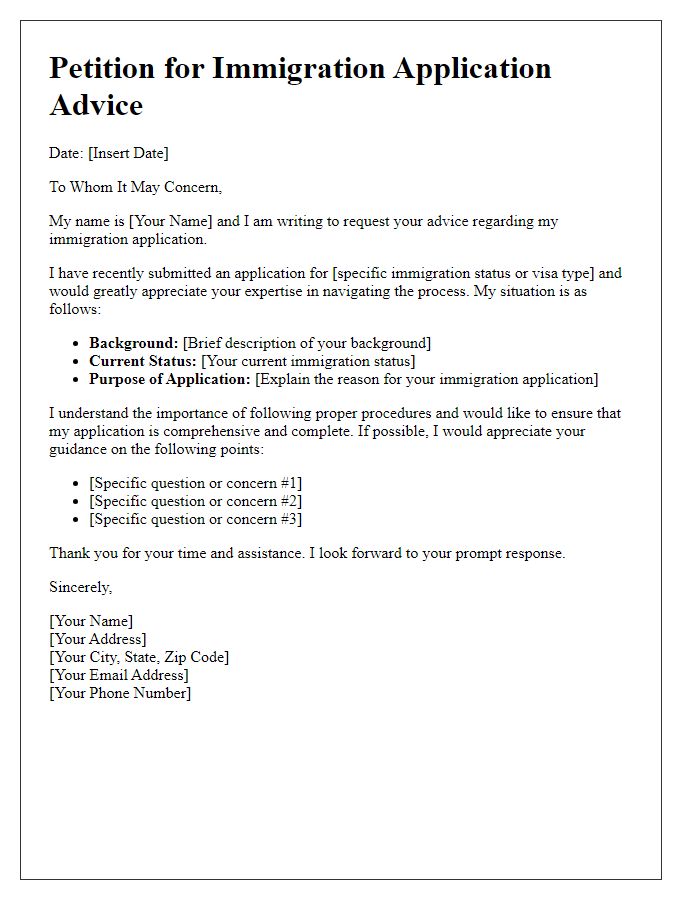 Letter template of petition for immigration application advice.