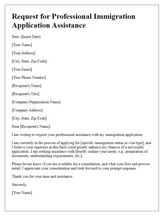 Letter template of request for professional immigration application assistance.