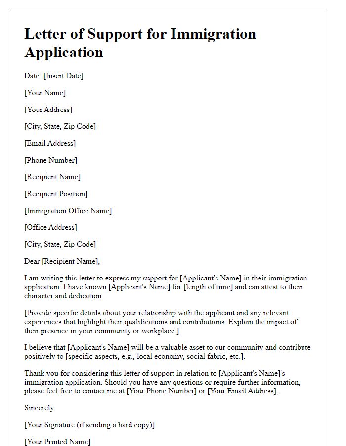 Letter template of support for immigration application guidance.