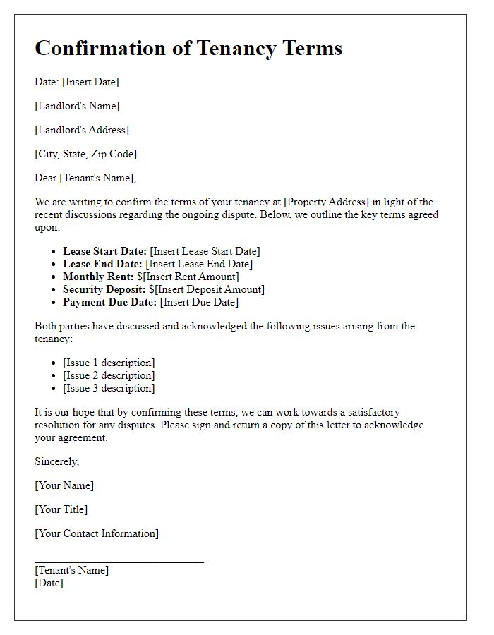 Letter template of confirmation of tenancy terms in a dispute scenario.