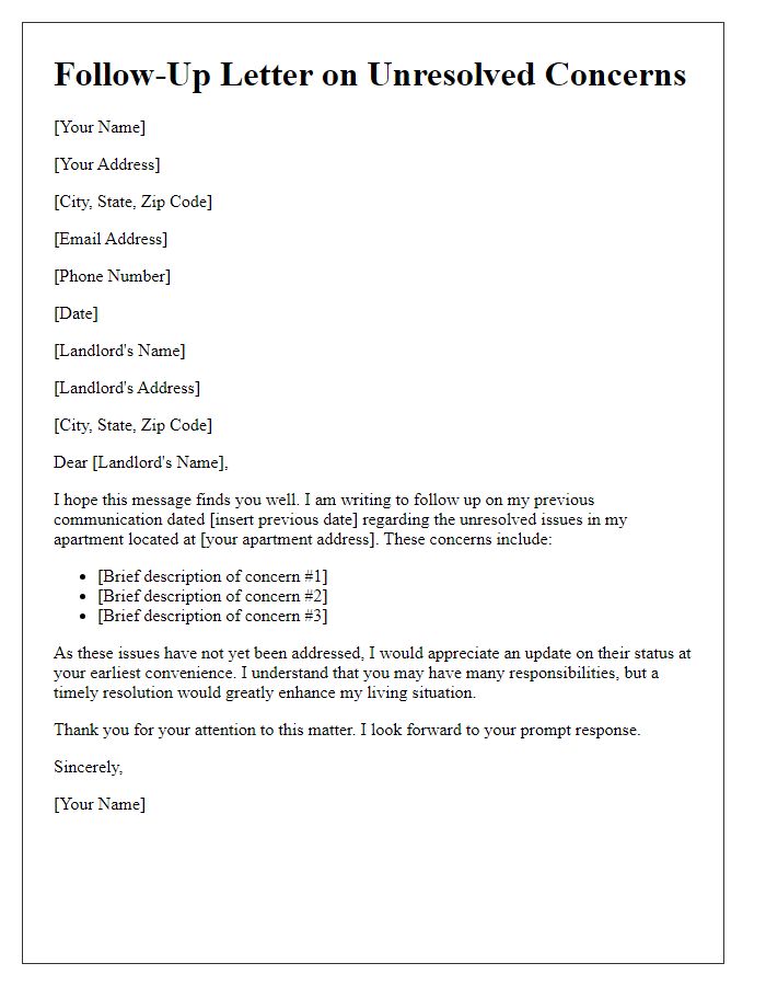 Letter template of follow-up on unresolved landlord-tenant concerns.