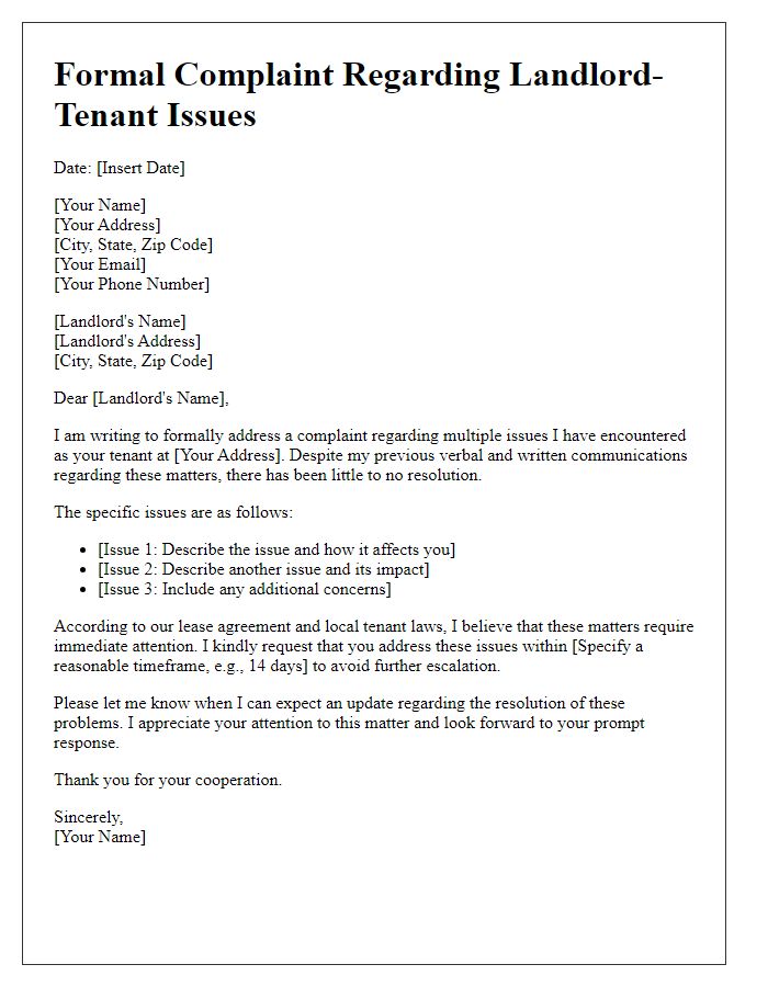 Letter template of formal complaint regarding landlord-tenant issues.