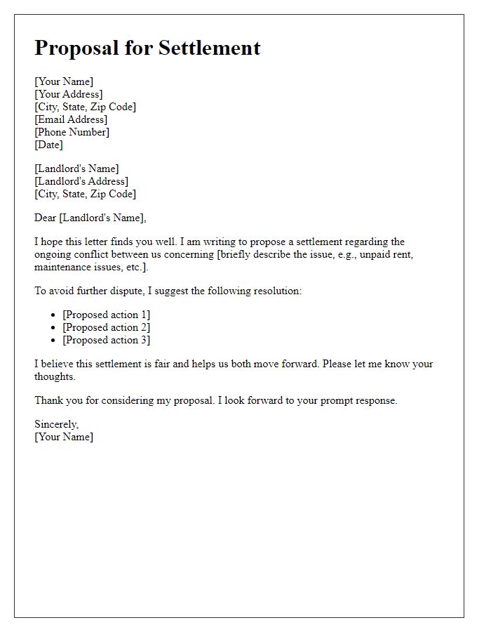 Letter template of proposal for settlement in a landlord-tenant conflict.