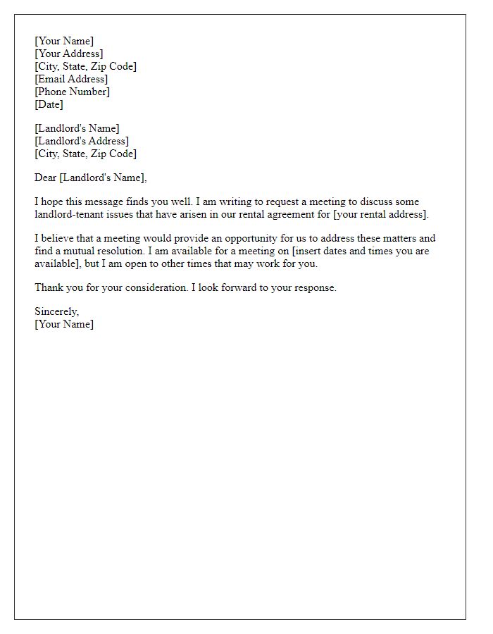 Letter template of request for a meeting to discuss landlord-tenant issues.