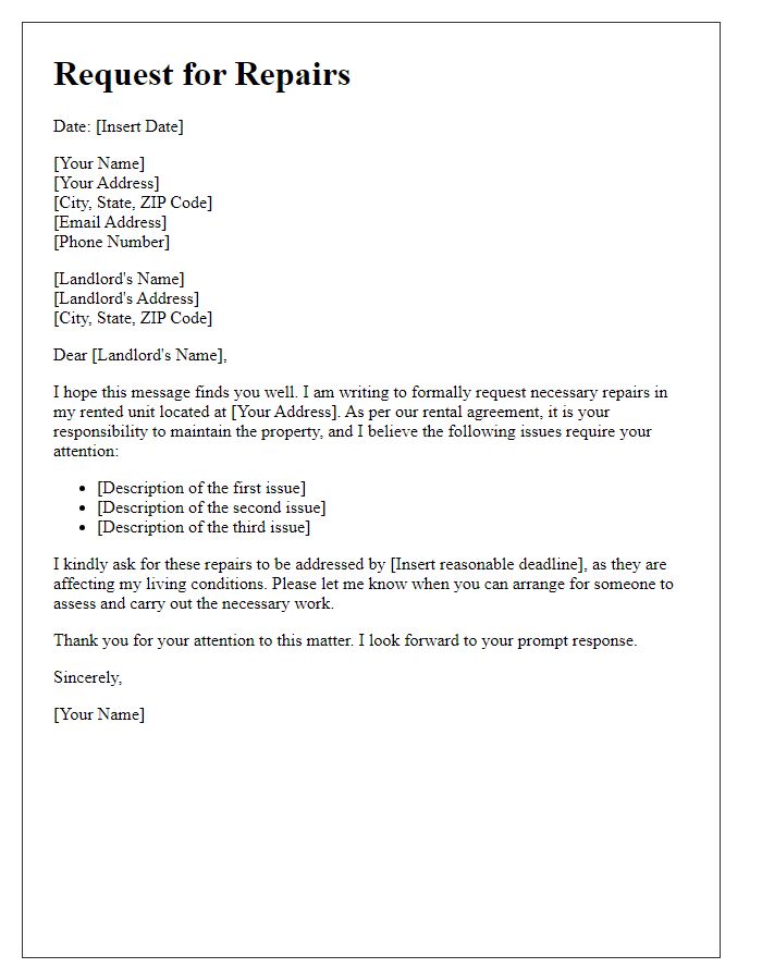 Letter template of request for repairs in a landlord-tenant disagreement.