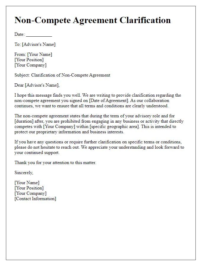 Letter template of non-compete agreement clarification for advisors.