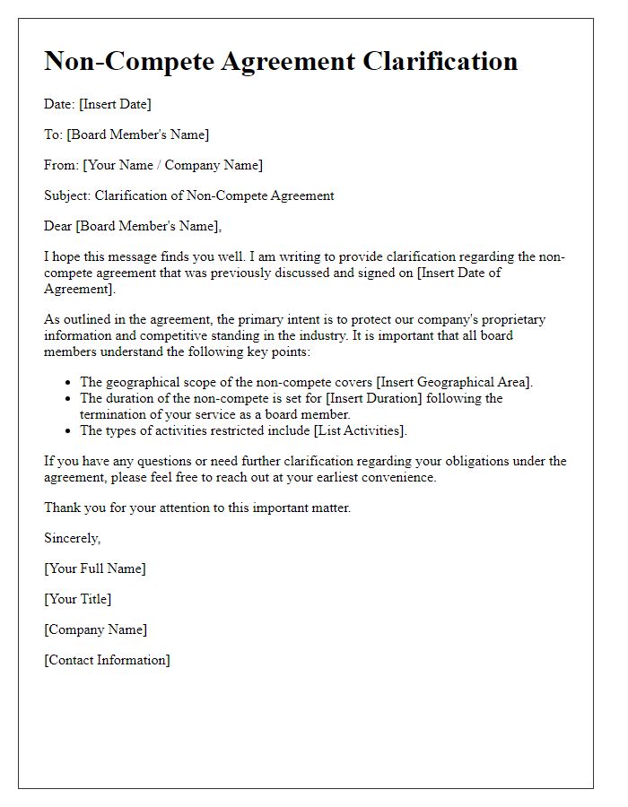 Letter template of non-compete agreement clarification for board members.