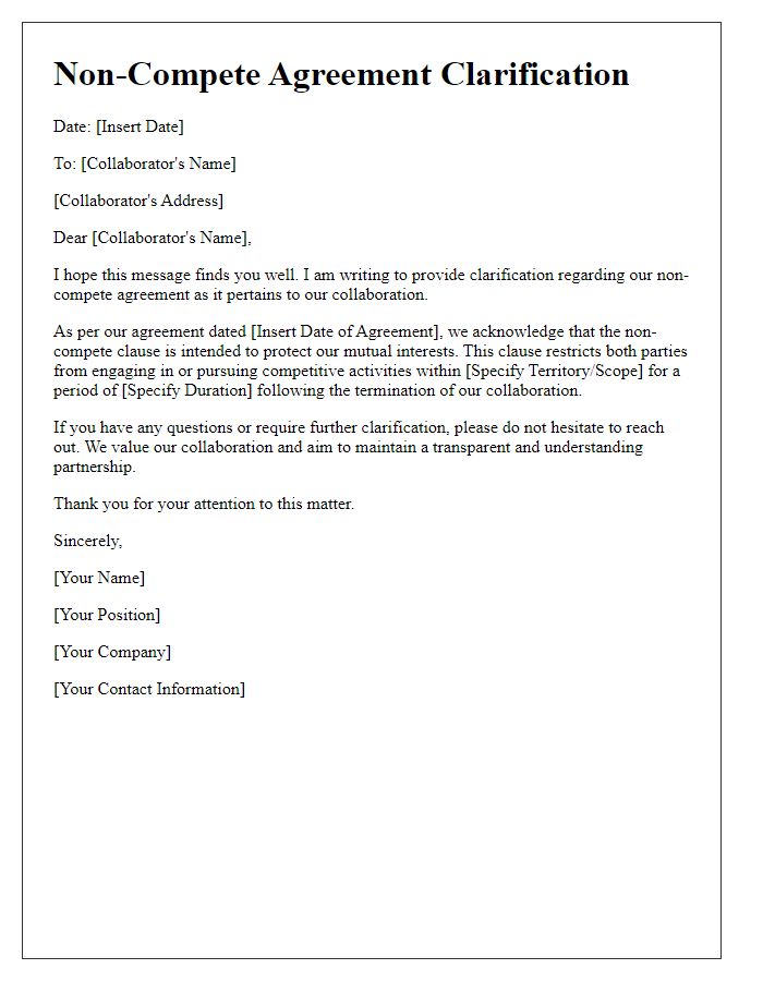 Letter template of non-compete agreement clarification for collaborators.