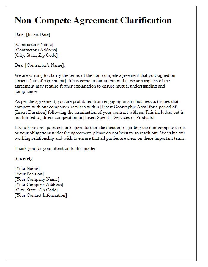 Letter template of non-compete agreement clarification for contractors.