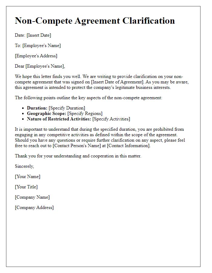 Letter template of non-compete agreement clarification for employees.