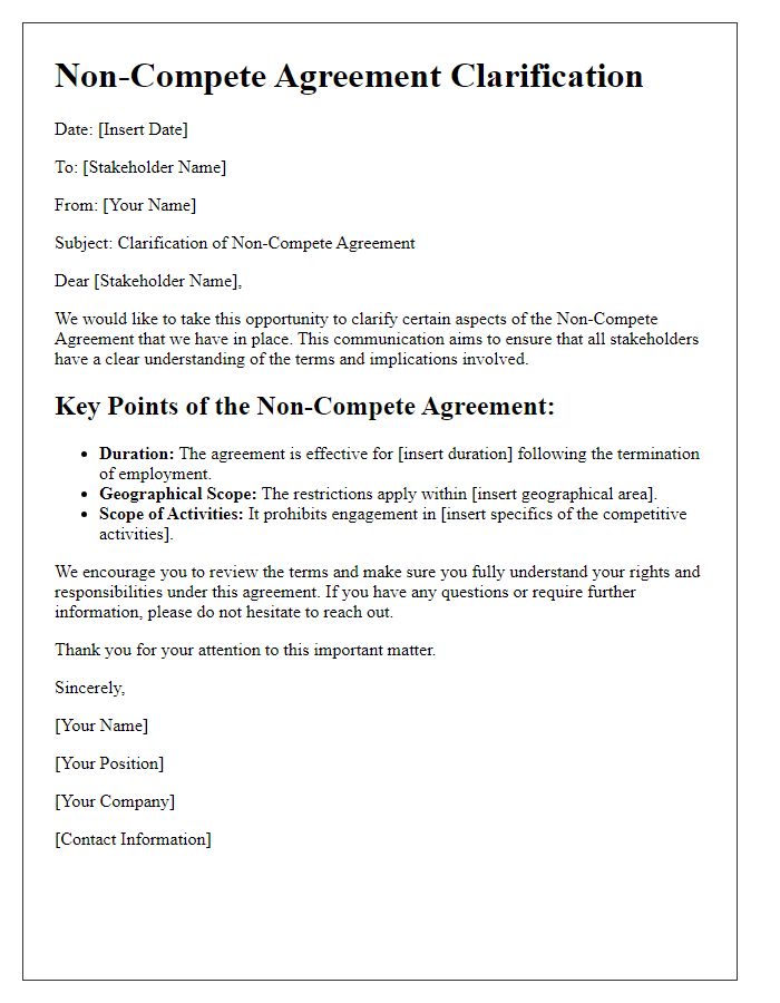 Letter template of non-compete agreement clarification for stakeholders.