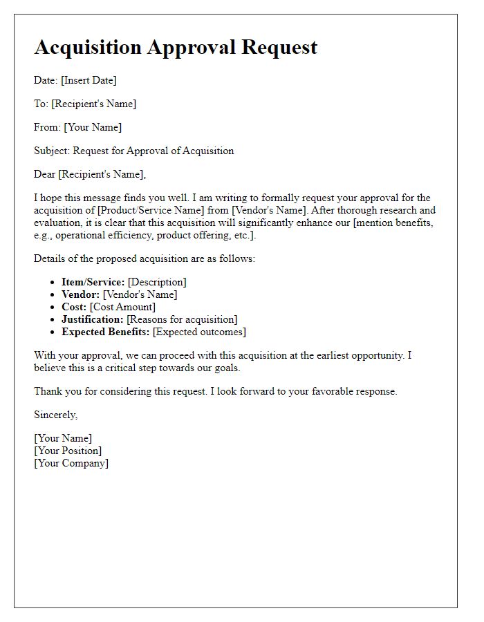 Letter template of acquisition approval request