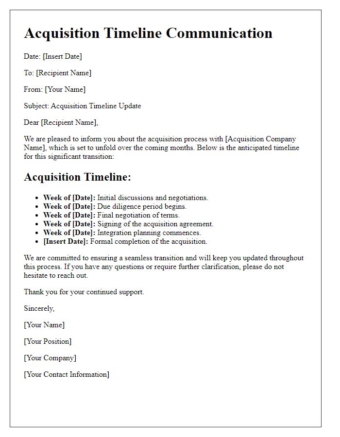 Letter template of acquisition timeline communication