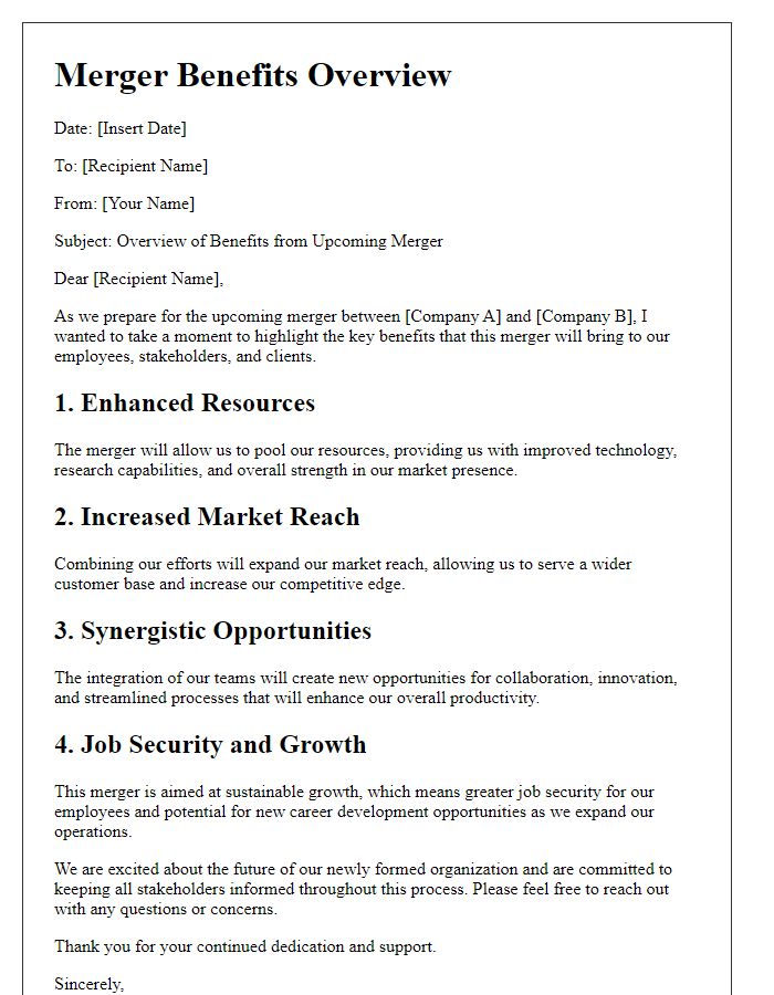 Letter template of merger benefits overview