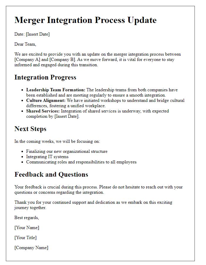 Letter template of merger integration process update