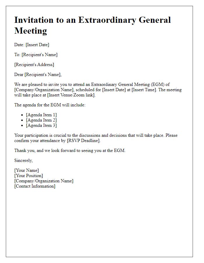 Letter template of extraordinary general meeting invite