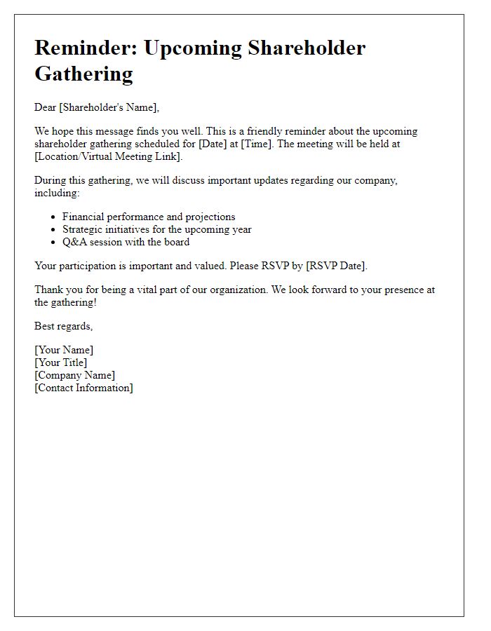 Letter template of reminder for upcoming shareholder gathering