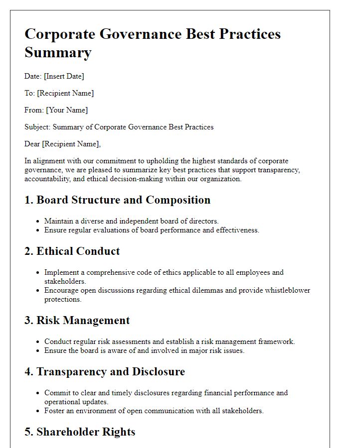 Letter template of corporate governance best practices summary